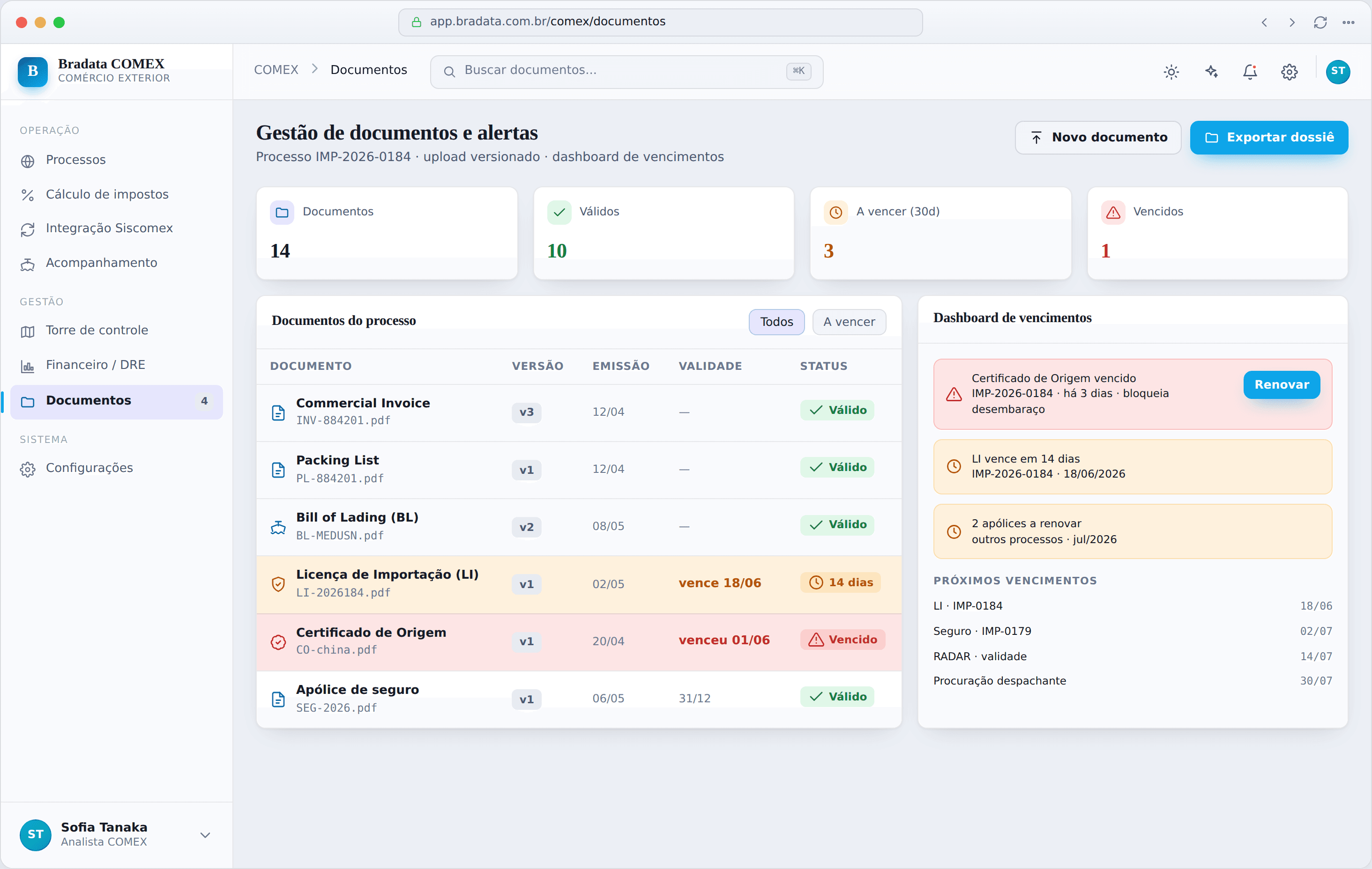 Gestão de documentos e alertas