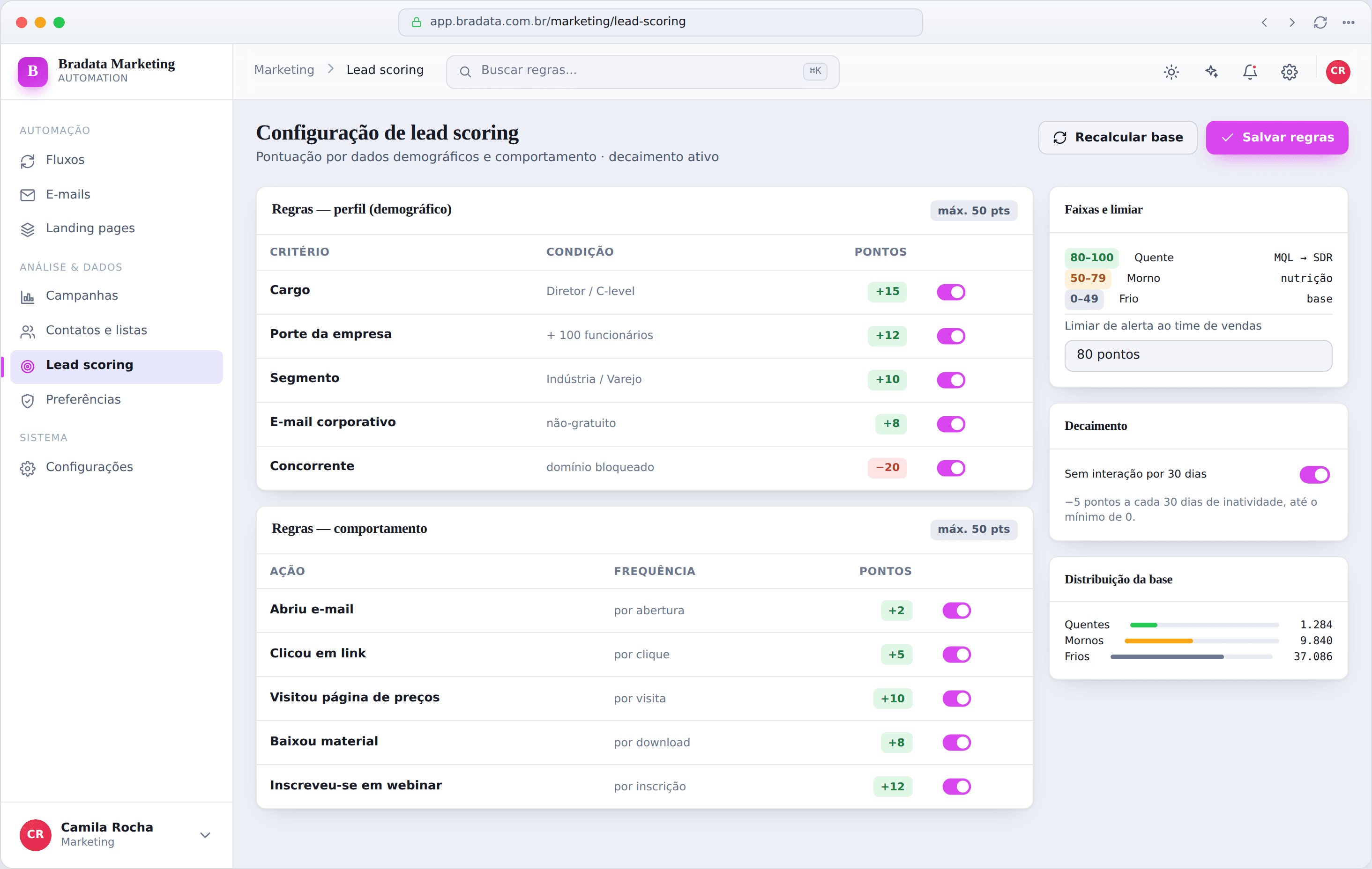 Configuração de lead scoring