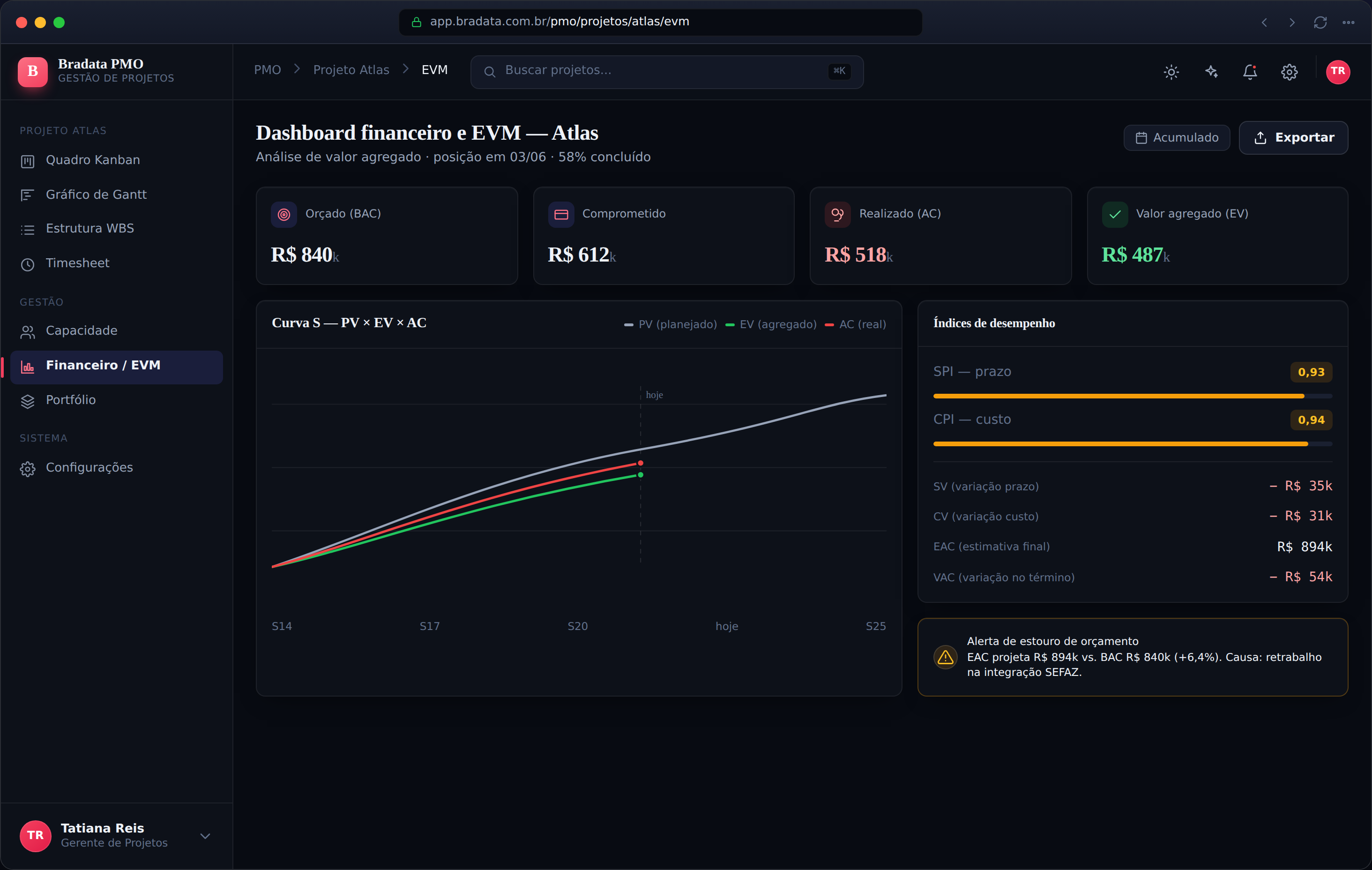 Dashboard financeiro e EVM