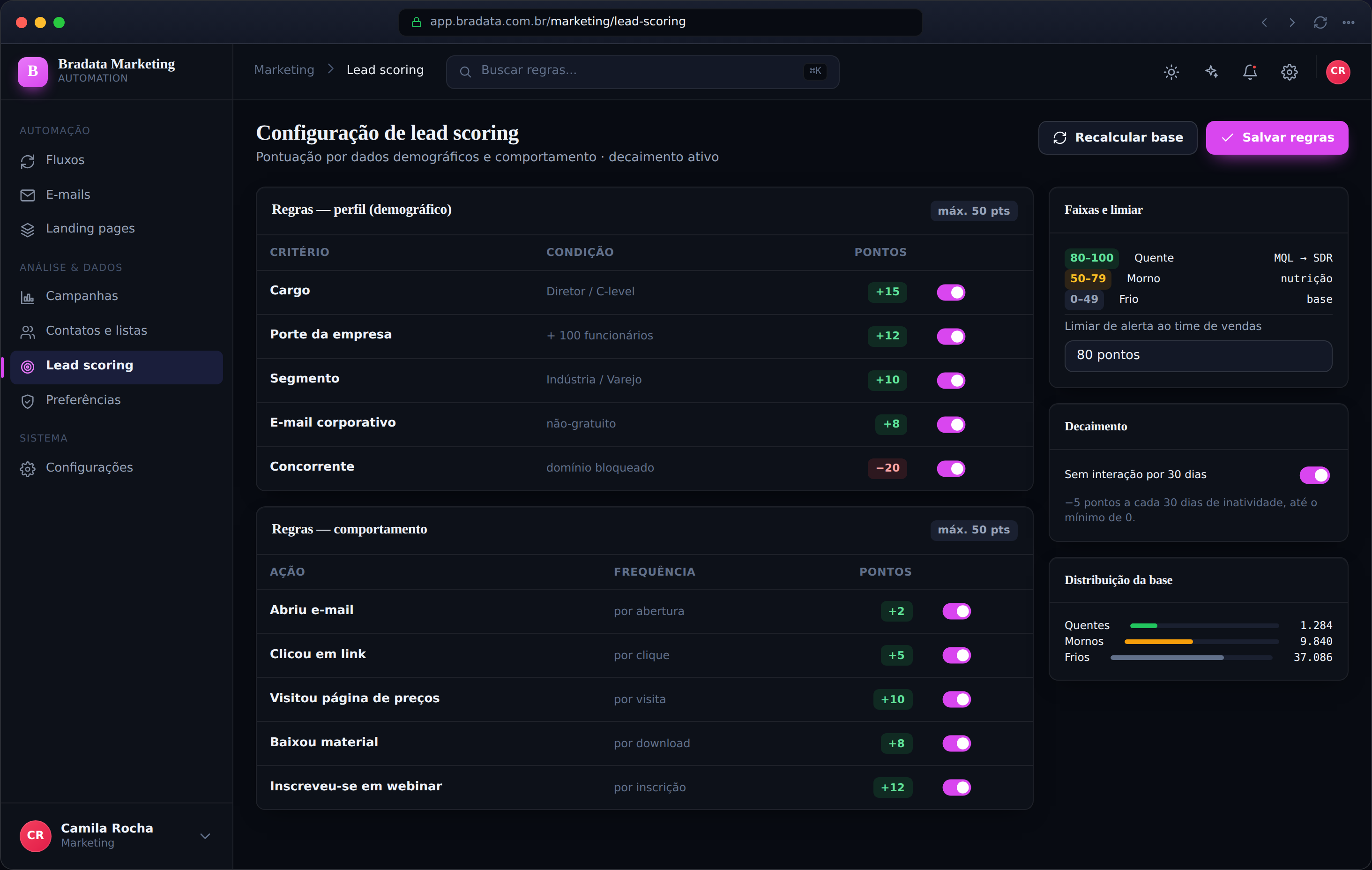 Configuração de lead scoring